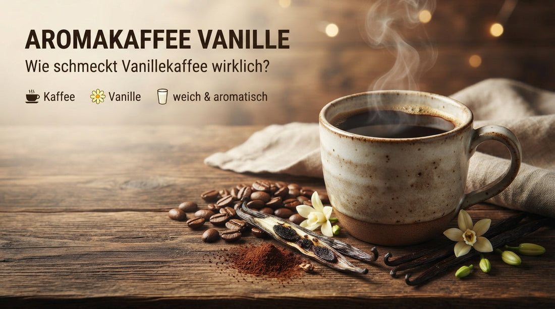 TeeBohne Einbeck Ratgeber-Thumbnail: Tasse frischer Kaffee mit Kaffeebohnen, Vanilleschoten und dem Text 'Aromakaffee Vanille – Wie schmeckt Vanillekaffee wirklich?' auf dunklem Holz