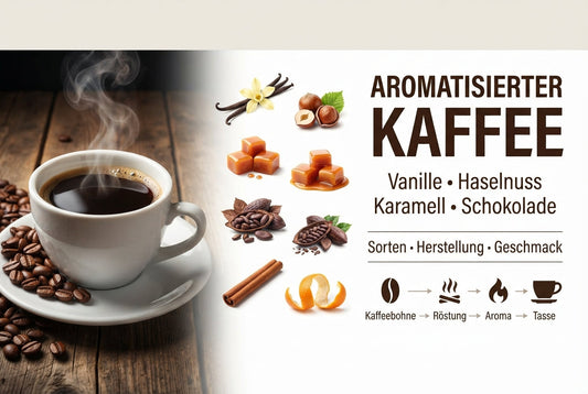 TeeBohne Einbeck Ratgeber-Thumbnail: Übersicht zu aromatisiertem Kaffee mit Sorten wie Vanille, Haselnuss, Karamell und Schokolade, Kaffeetasse sowie den Herstellungsschritten