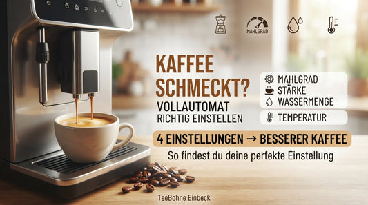 TeeBohne Einbeck 'Kaffee schmeckt nicht? Vollautomat richtig einstellen' Kaffeevollautomaten frischer Kaffee in eine Tasse umgeben von Kaffeebohnen und Text Mahlgrad, Stärke, Wassermenge und Temperatur