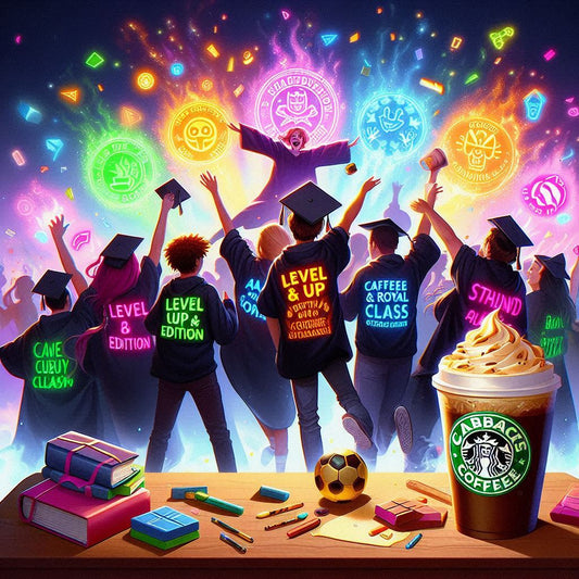 buntes Chaos voller Abi-Vibes Im Vordergrund tanzt eine Gruppe Abiturienten in T-Shirts mit leuchtenden Mottos 