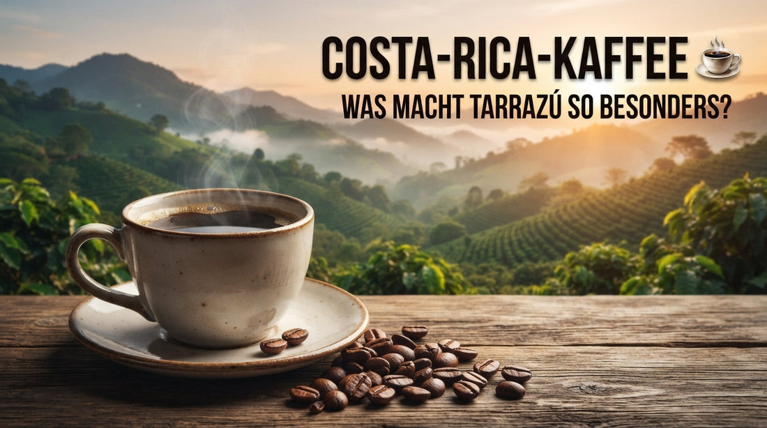 Tasse Costa-Rica-Kaffee mit Kaffeebohnen vor einer grünen Berglandschaft in Costa Rica