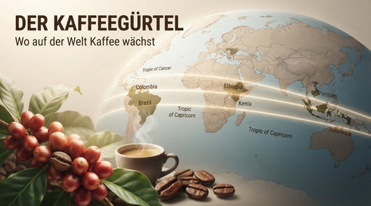 Blog-Thumbnail zum Thema „Der Kaffeegürtel“ mit einer stilisierten Weltkarte, Kaffeekirschen, Kaffeebohnen und einer dampfenden Tasse Kaffee