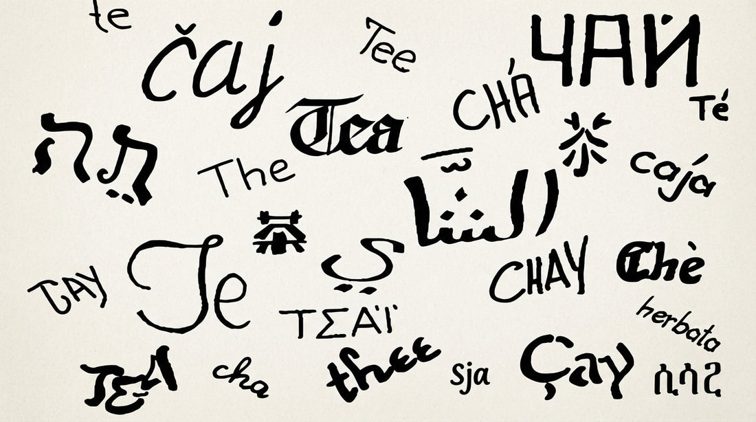 Wortwolke zur Geschichte des Wortes Tee: Internationale Bezeichnungen wie Tea, ЧАЙ, čaj, çay und 茶 auf cremefarbenem Hintergrund