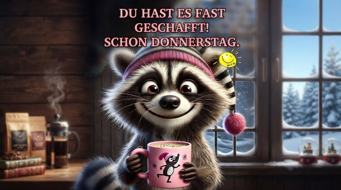 Donnerstag Spruch und Gruß: Fröhlicher Waschbär mit einer Tasse aromatisiertem Kaffee von TeeBohne Einbeck und dem Wunsch „Du hast es fast geschafft! Schon Donnerstag“ für einen schönen Start in den Tag.