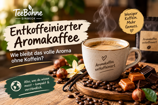 Entkoffeinierter Aromakaffee in einer Tasse mit Kaffeebohnen, Haselnüssen, Vanille und Schokolade – voller Kaffeegenuss ohne viel Koffein bei TeeBohne Einbeck