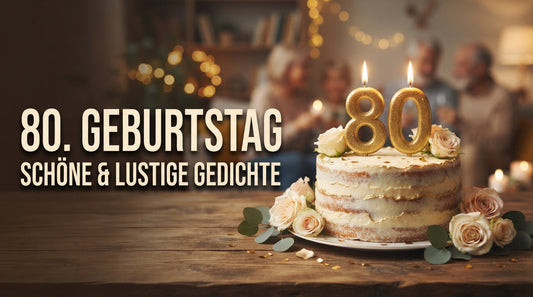 Geburtstagsgedichte zum 80. Geburtstag – schöne und lustige Gedichte mit Geburtstagskuchen, 80-Kerzen und festlicher Dekoration