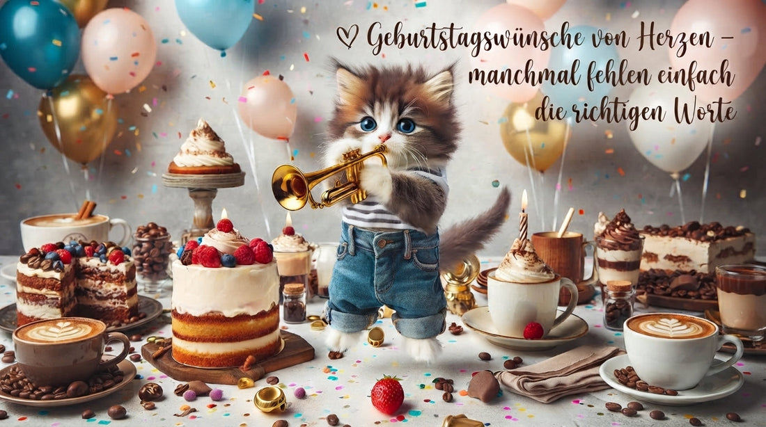 Geburtstagsgrüße von Herzen mit Kätzchen-Musikerin, Trompete, Kuchen und Kaffee TeeBohne