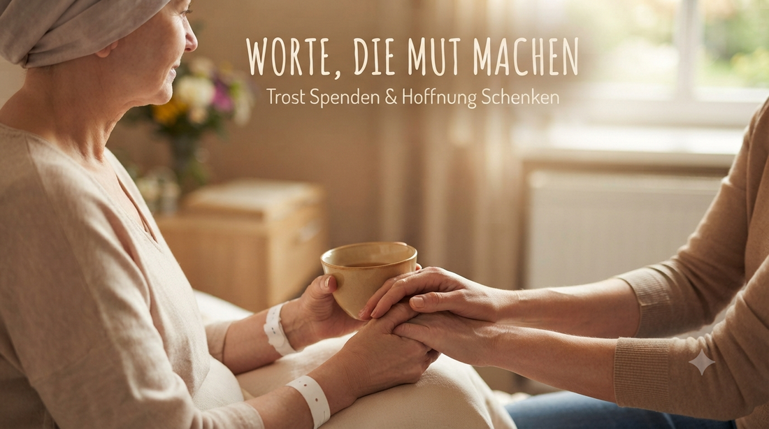 Zwei Personen halten sich tröstend an den Händen, während eine davon eine Teetasse hält, passend zum Artikel über Genesungswünsche bei Krebs