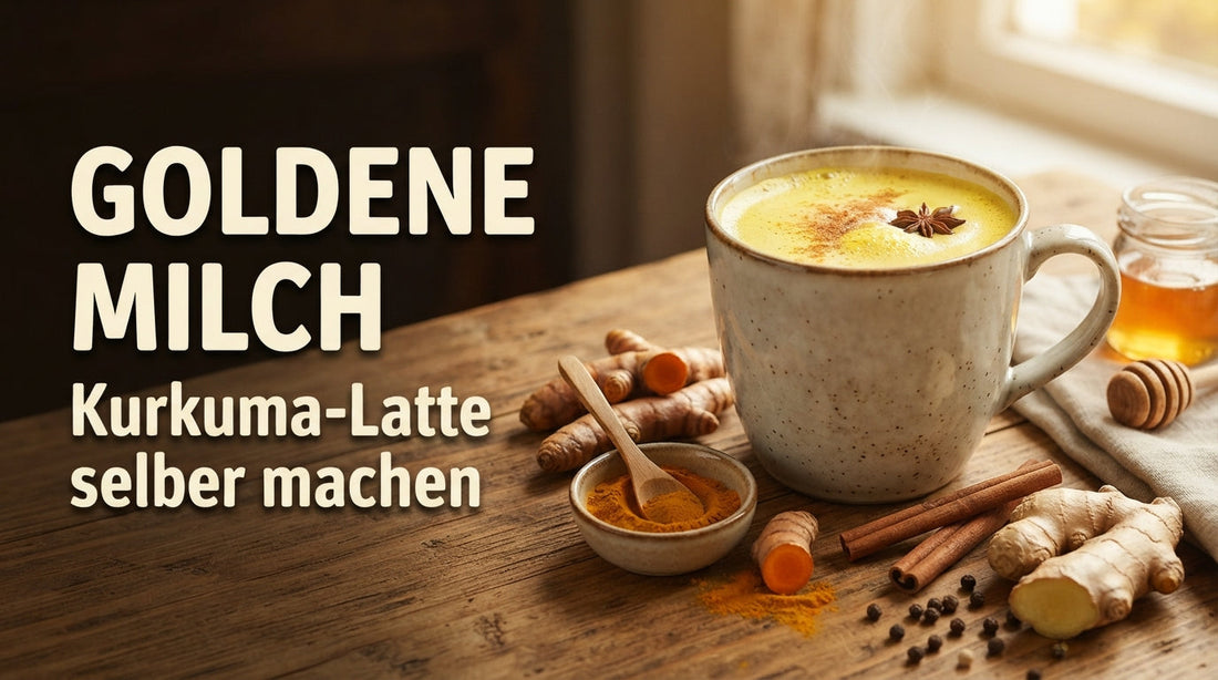 Goldene Milch mit cremiger Schaumhaube auf einem warmen Holztisch, umringt von frischer Kurkumawurzel, Ingwer, Zimtstangen und Pfefferkörnern; auf der linken Seite der Schriftzug ‚GOLDENE MILCH – Kurkuma-Latte selber machen‘