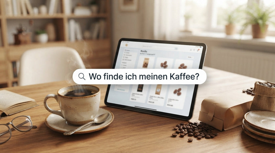 Tablet mit Suchanfrage „Wo finde ich meinen Kaffee?“ neben einer Tasse Kaffee – moderne Produktsuche nach dem passenden Kaffee