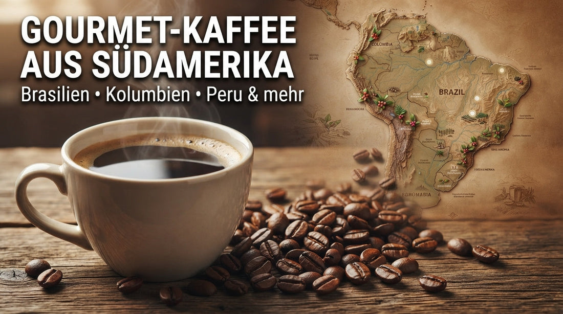 Gourmet-Kaffee aus Südamerika mit Tasse Kaffee, gerösteten Kaffeebohnen und Karte der südamerikanischen Kaffeeanbaugebiete