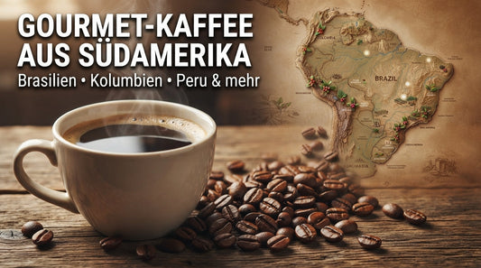 Gourmet-Kaffee aus Südamerika mit Tasse Kaffee, gerösteten Kaffeebohnen und Karte der südamerikanischen Kaffeeanbaugebiete