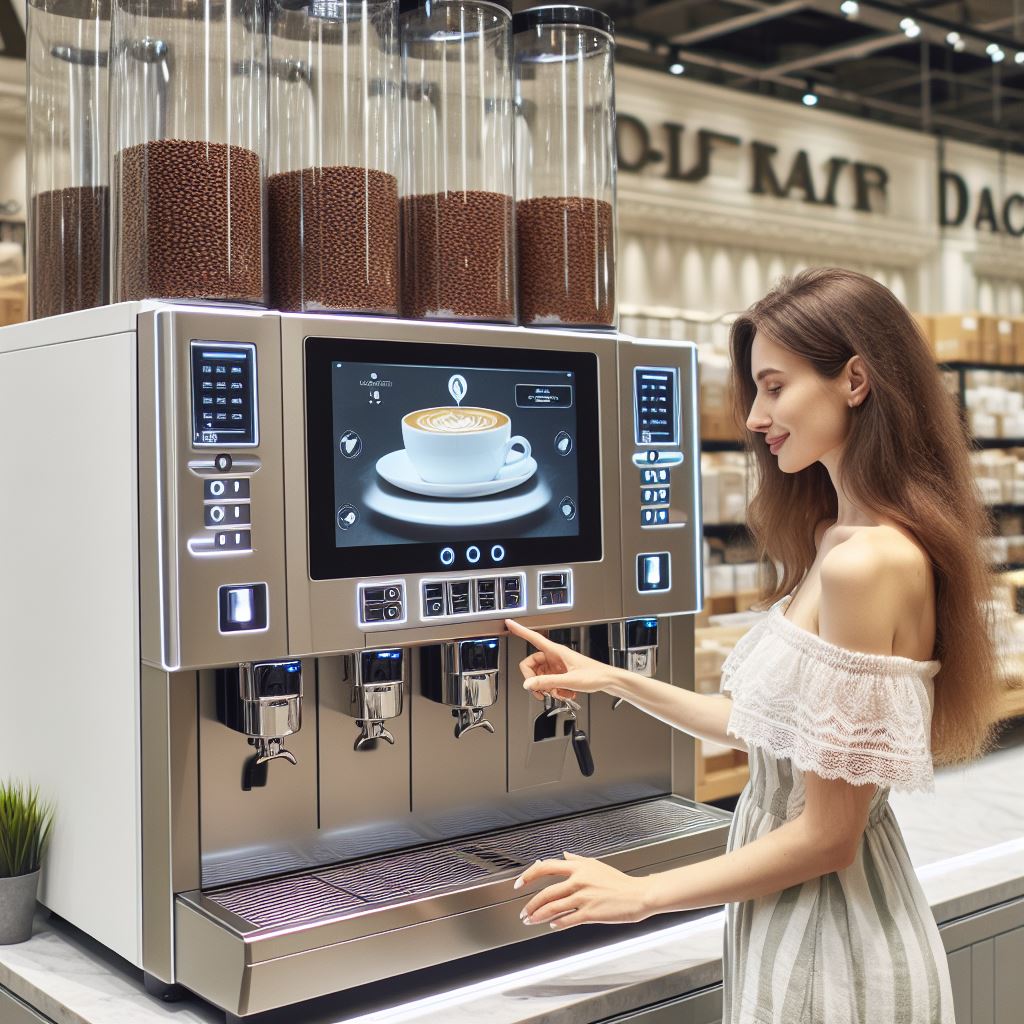 großer Kaffeevollautomat mit Münzeinwurf schöne Frau steht davor, Vielfalt an Kaffeeautomaten z.B. Necta, Dallmayer WMF für Unternehmen Firmen Mitarbeiterinnen oder Kunden einen Zugang zu hochwertigem Kaffee 