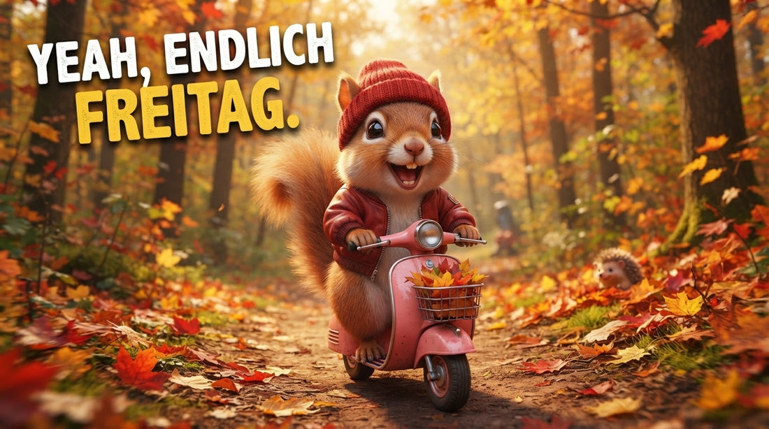 Guten Morgen Freitag mit lustigem Eichhörnchen auf dem Motorrad, Kaffee und Vorfreude aufs Wochenende