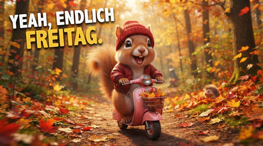 Guten Morgen Freitag mit lustigem Eichhörnchen auf dem Motorrad, Kaffee und Vorfreude aufs Wochenende