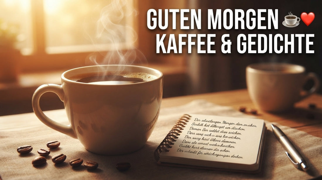 Thumbnail „Guten Morgen. Kaffee & Gedichte“. Im Fokus steht eine dampfende Tasse Kaffee auf einem Holztisch neben einem Notizbuch mit Gedichtzeilen, Kaffeebohnen und einem Stift im goldenen Morgenlicht.