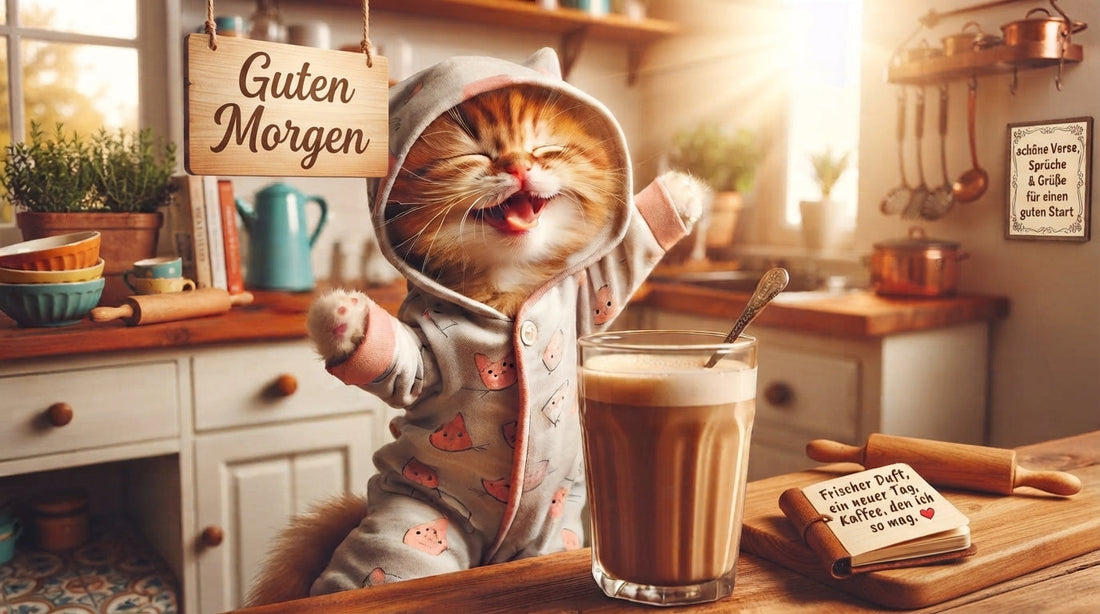 Lachendes Kätzchen streckt Pfoten sonnigen Küche. Glas Kaffee mit Text: „Frischer Duft, ein neuer Tag, Kaffee, den ich so mag. ❤️“. Im Hintergrund Guten Morgen