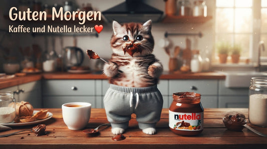 Guten Morgen „Eine niedliche Katze in grauen Jogginghosen mit Schokolade im Gesicht steht in der Küche neben Kaffee und einem Glas Nutella.“