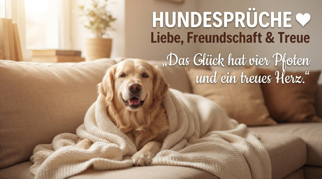 Glücklicher Hund kuschelt entspannt auf dem Sofa mit Hundespruch über Liebe, Freundschaft und Treue