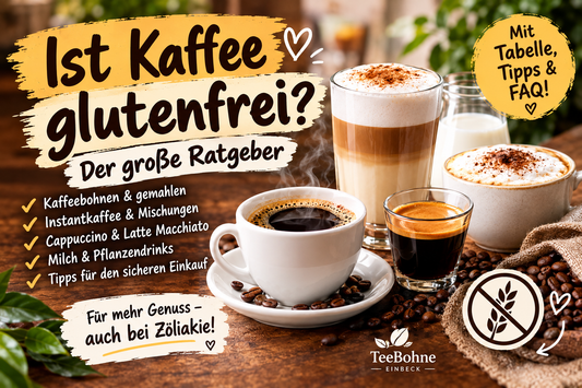 Ist Kaffee glutenfrei? Kaffeebohnen, gemahlener Kaffee und eine Tasse Kaffee im Überblick