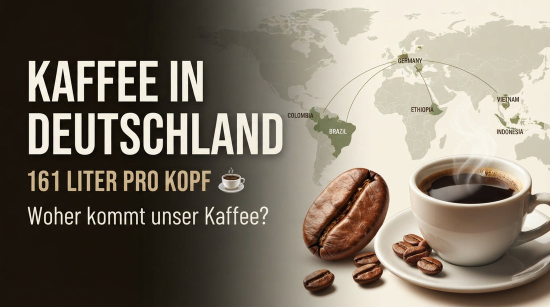 Professionelles teeBohne thumbnail mit Kaffeetasse, Kaffeebohnen und stilisierter Weltkarte zu Kaffeekonsum und Herkunft in Deutschland.