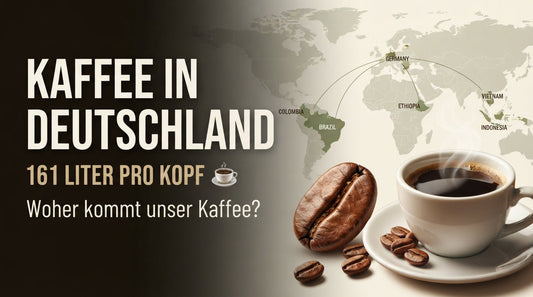 Professionelles teeBohne thumbnail mit Kaffeetasse, Kaffeebohnen und stilisierter Weltkarte zu Kaffeekonsum und Herkunft in Deutschland.