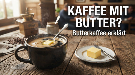 Kaffee mit Butter – cremiger Butterkaffee mit einem Stück Butter und Kaffeebohnen