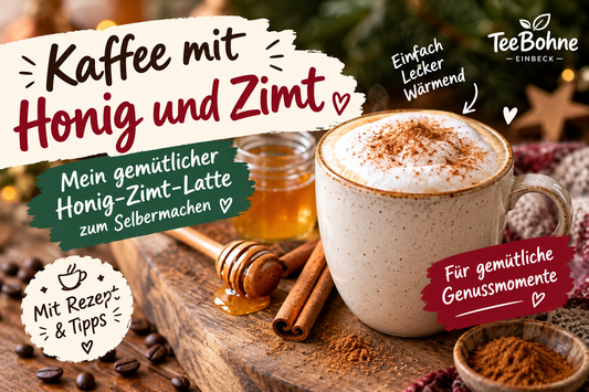 Kaffee mit Honig und Zimt – cremiger Honig-Zimt-Latte mit Milchschaum, Zimtstangen und Honig