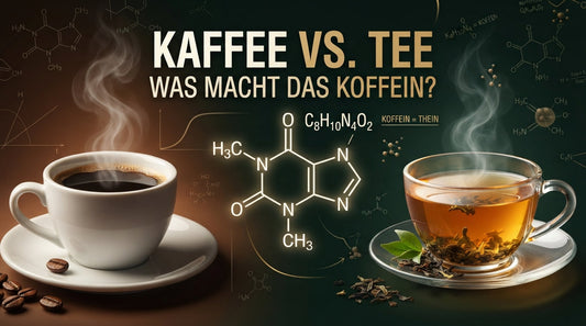Koffein-Strukturformel (C₈H₁₀N₄O₂) mit dem Text „KOFFEIN = THEIN“. Darüber der Titel „KAFFEE VS. TEE – WAS MACHT DAS KOFFEIN?“. Dunkler Hintergrund mit dezenten Molekül- und Linienelementen