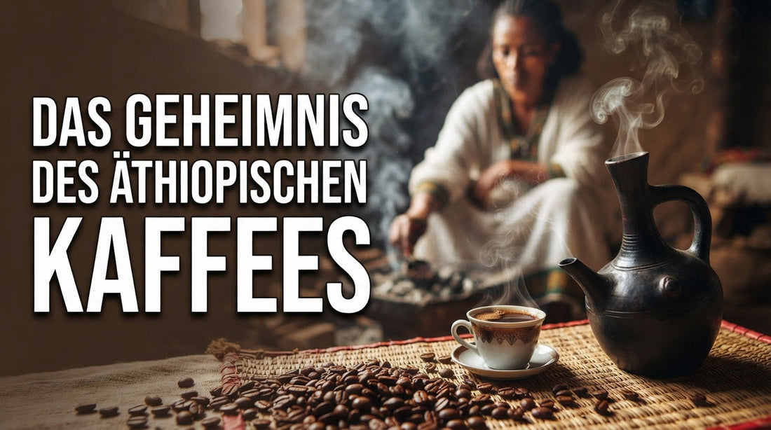 Äthiopische Kaffeezeremonie mit traditioneller Jebena, frisch gerösteten Kaffeebohnen, Kaffeetasse und Weihrauch – traditionelle Zubereitung und Kaffeekultur in Äthiopien.