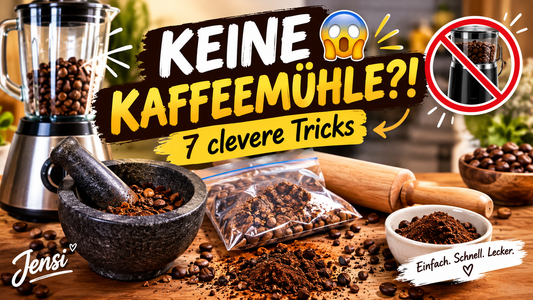 Kaffeebohnen ohne Kaffeemühle mit Nudelholz und Mörser zerkleinern