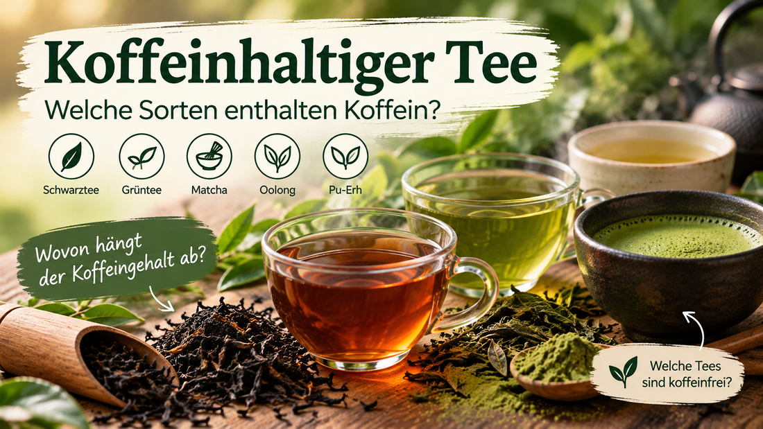 Koffeinhaltiger Tee: Schwarzer Tee, grüner Tee und Matcha in verschiedenen Tassen