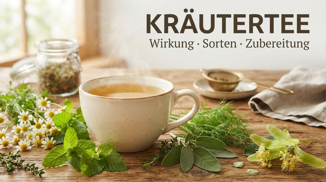 Kräutern wie Kamille, Pfefferminze und Salbei auf einem Holztisch. Der Text 'KRÄUTERTEE' ist gut lesbar, darunter 'Wirkung · Sorten · Zubereitung