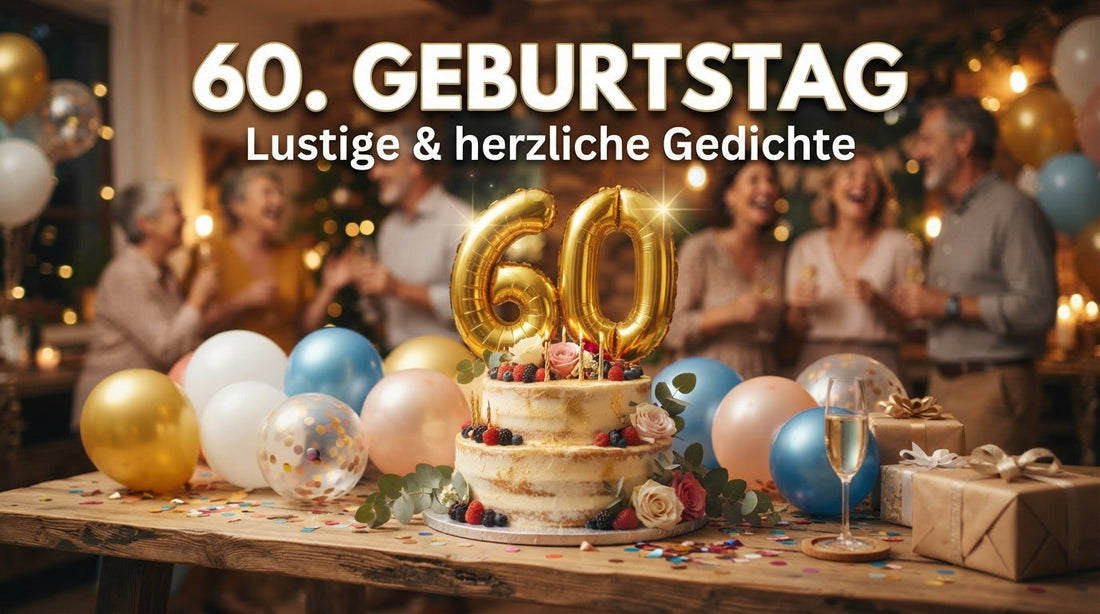 Lustiges Gedicht zum 60. Geburtstag mit Geburtstagskuchen, Zahl 60 und fröhlicher Geburtstagsstimmung