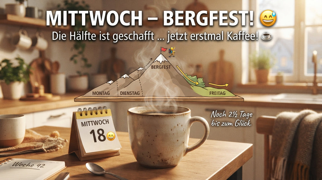 Lustige Mittwochssprüche zum Bergfest mit Kaffee und Wochenberg von Montag bis Freitag