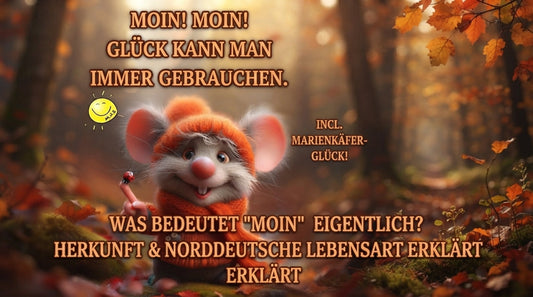 Moin Moin Bedeutung und Herkunft – Eine süße Maus mit Mütze und Marienkäfer auf dem Finger im herbstlichen Wald, mit dem Text Moin Moin! Glück kann man immer gebrauchen und Erklärungen zur norddeutschen Lebensart von TeeBohne Einbeck