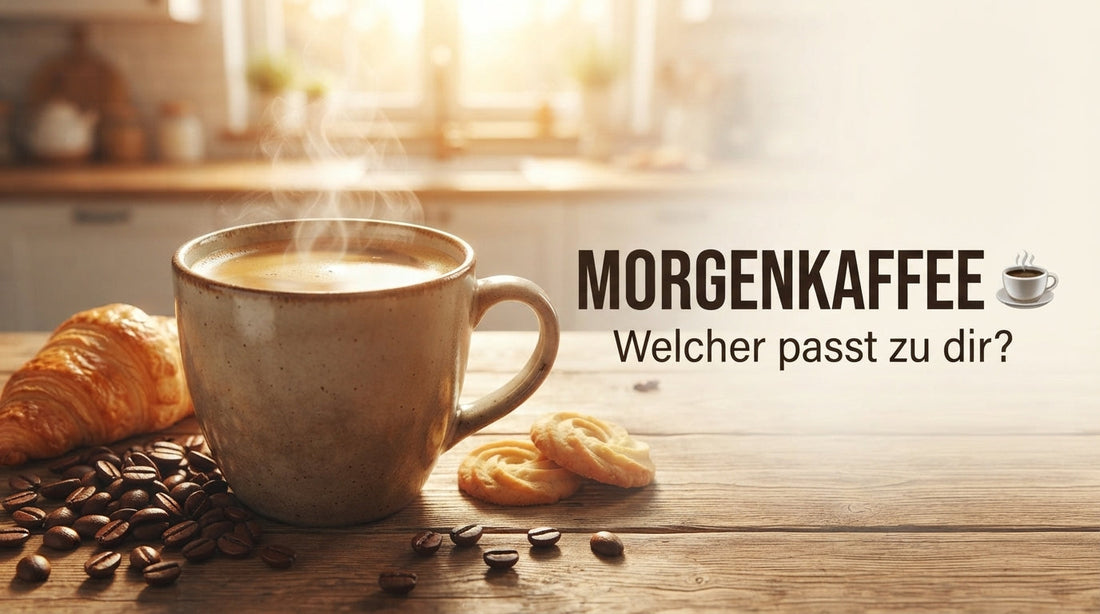 Blog-Thumbnail: Eine dampfende Tasse Morgenkaffee mit Croissant, Kaffeebohnen und Keksen im warmen Morgenlicht
