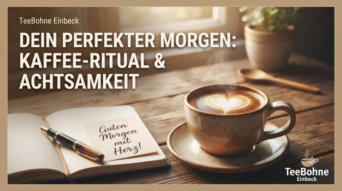 Tasse mit dampfendem Kaffee und Herz-Latte-Art, Notizbuch mit Stift und Grußkarte auf einem Holztisch am Morgen mit sanftem Licht
