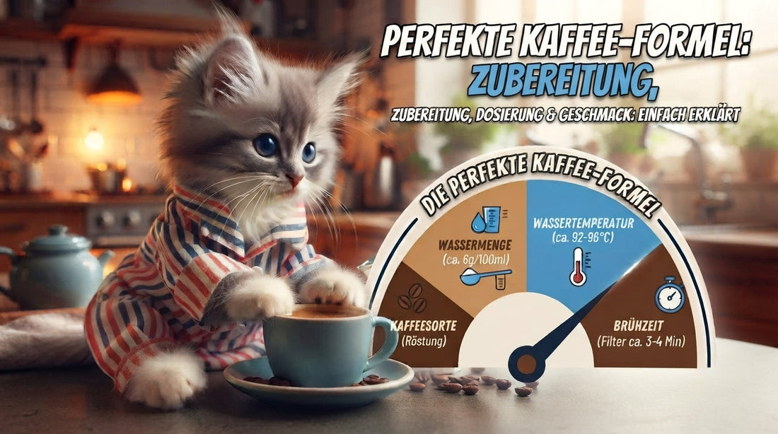 TeeBohne Einbeck Blog mit dem Titel „Perfekte Kaffee-Formel: Zubereitung, Dosierung & Geschmack“. Die Grafik zeigt eine süße Katze im Schlafanzug an einer Kaffeetasse