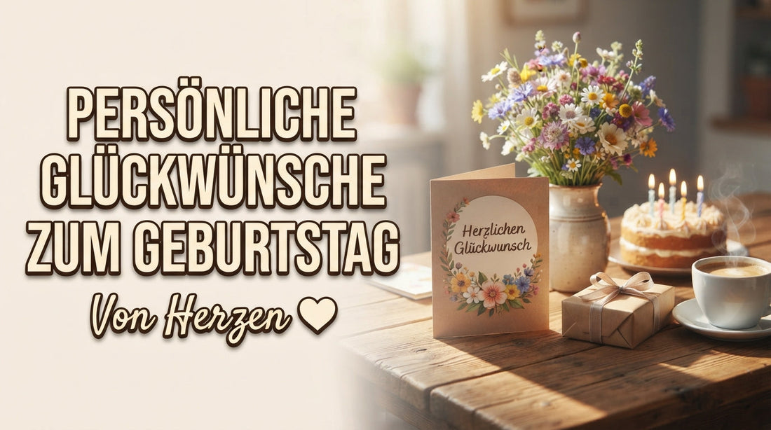 Persönliche Glückwünsche zum Geburtstag mit Geburtstagskarte, Torte, Blumen und Kaffee