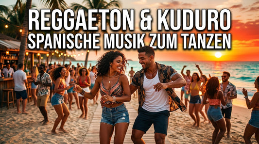 Reggaeton und Kuduro – spanische Musik zum Tanzen mit einem tanzenden Paar vor tropischer Strandkulisse bei Sonnenuntergang.