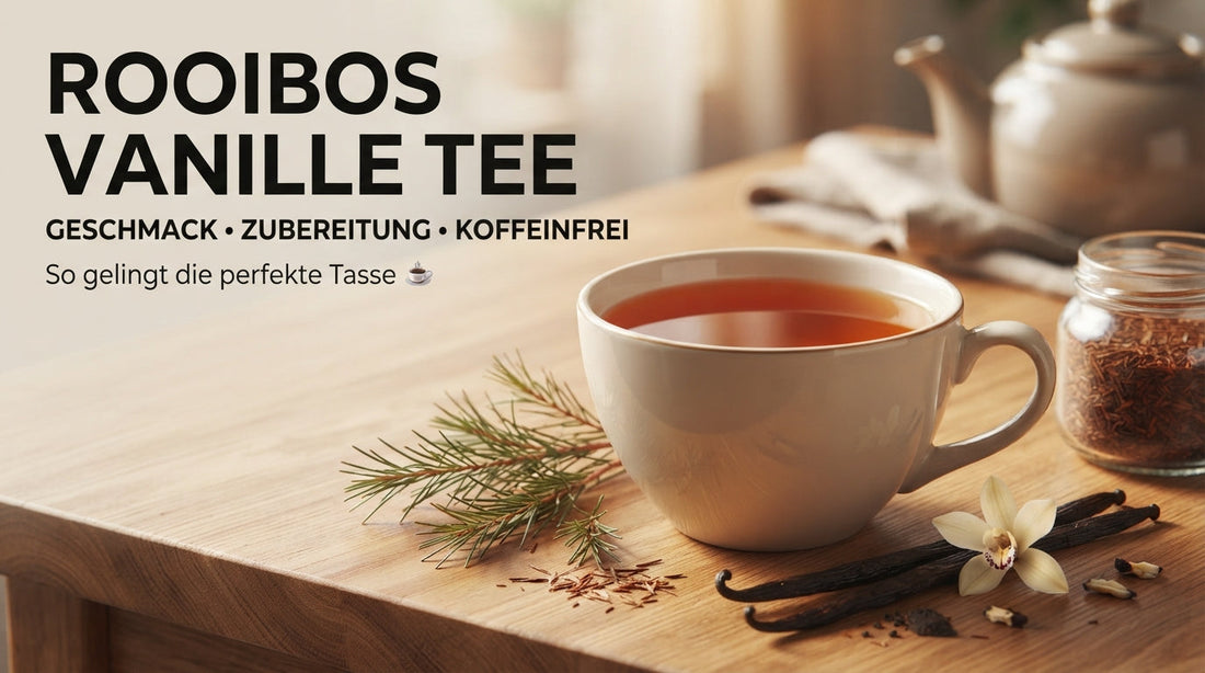 oibos Vanille Tee – Geschmack, Zubereitung & Koffeinfrei‘. Das Bild zeigt eine elegante Keramiktasse mit bernsteinfarbenem Rooibos-Tee auf einem warmen Holztisch, dekoriert mit Vanilleschoten