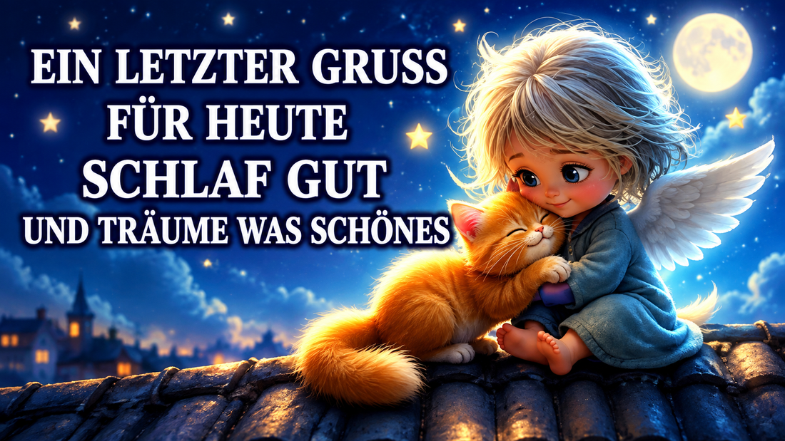 Schlaf gut und träum was Schönes – ein kleiner Schutzengel kuschelt mit einem roten Kätzchen unter dem Sternenhimmel und wünscht eine gute Nacht