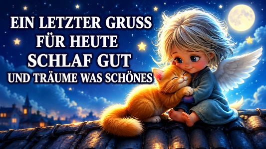 Schlaf gut und träum was Schönes – ein kleiner Schutzengel kuschelt mit einem roten Kätzchen unter dem Sternenhimmel und wünscht eine gute Nacht