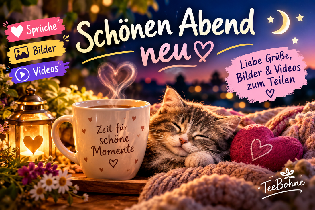 Schönen Abend neu – herzliche Abendgrüße mit süßem Kätzchen, Herz-Tasse, Sprüchen, Bildern und Videos zum Teilen