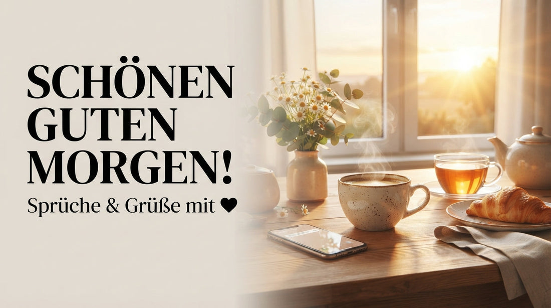 gemütlicher Frühstückstisch an einem großen Fenster mit einer Tasse heißem Kaffee, frischem Gebäck und Blumen im sanften Morgenlicht – perfekt für herzliche Guten-Morgen-Grüße