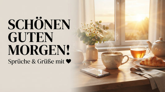 gemütlicher Frühstückstisch an einem großen Fenster mit einer Tasse heißem Kaffee, frischem Gebäck und Blumen im sanften Morgenlicht – perfekt für herzliche Guten-Morgen-Grüße