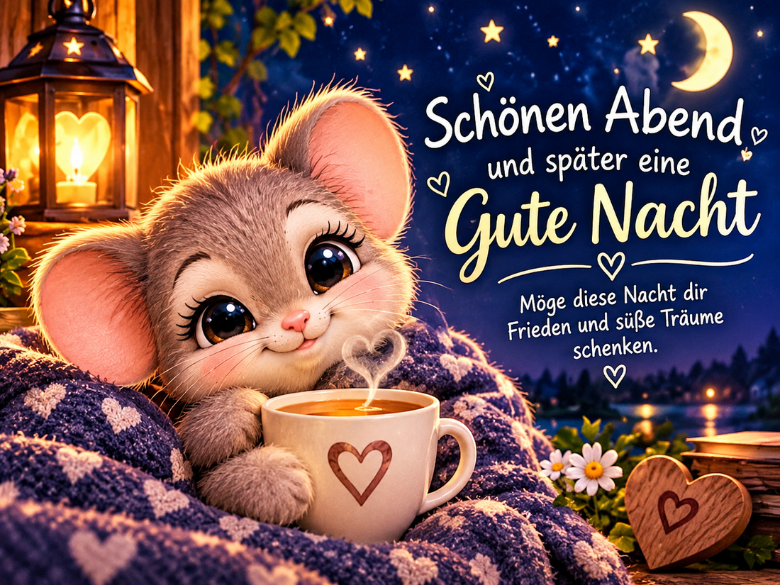 Schönen Abend und später eine gute Nacht mit süßer Katze, Tasse Tee und Mondlicht