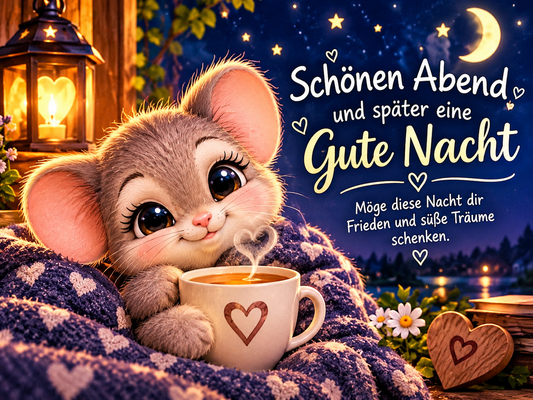Schönen Abend und später eine gute Nacht mit süßer Katze, Tasse Tee und Mondlicht