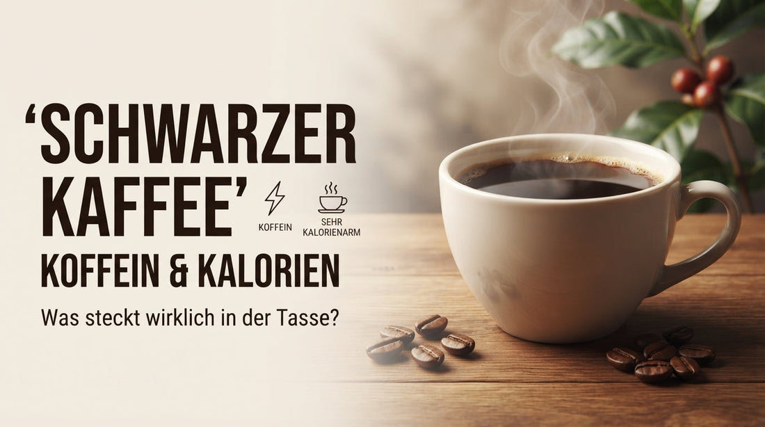 Thema „Schwarzer Kaffee – Koffein & Kalorien“ mit einer Tasse frischem Kaffee, Kaffeebohnen auf Holz und informativer Typografie